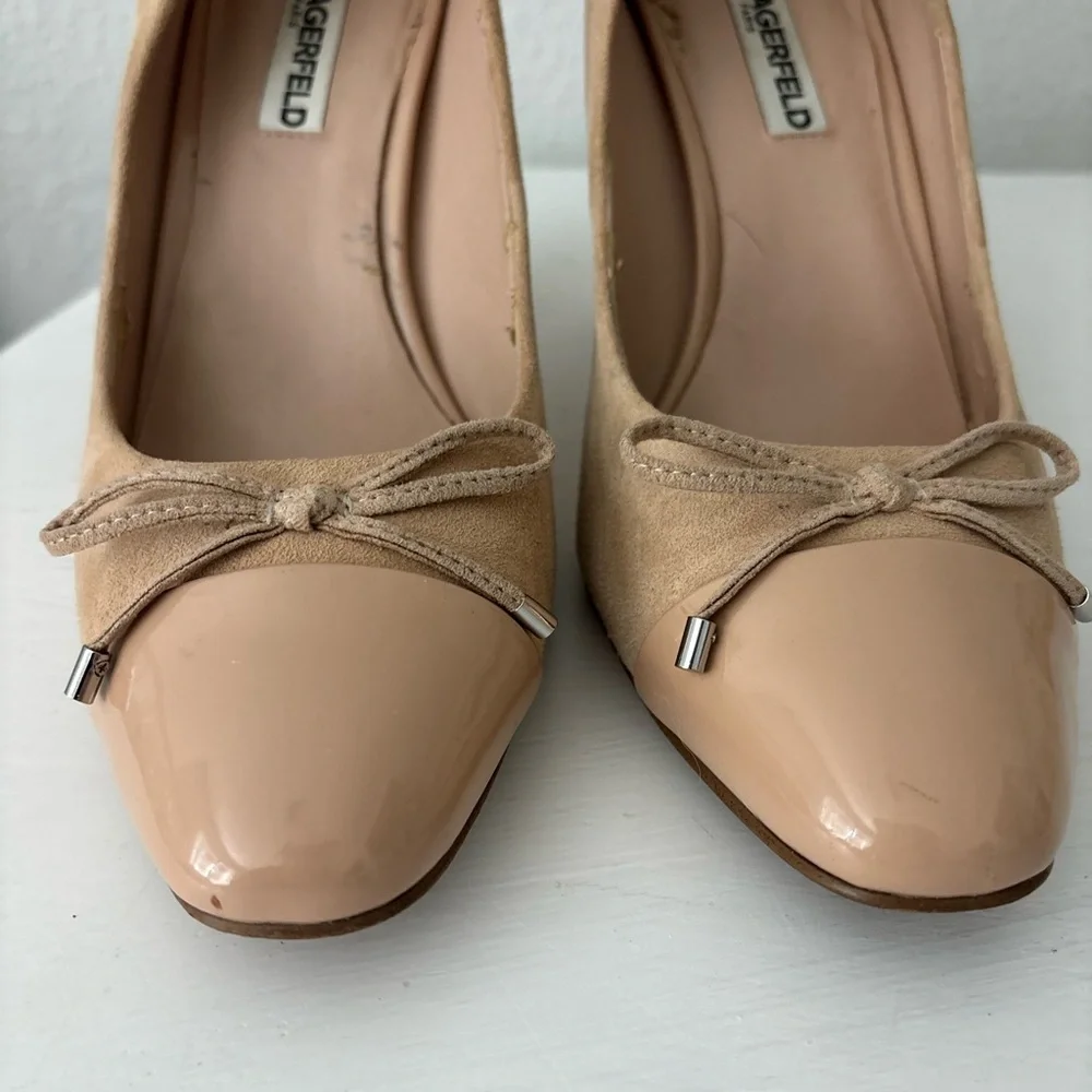 Karl Lagerfeld Naves Cap Round Toe Bow Block Heel Pearls Suede Nude Pumps